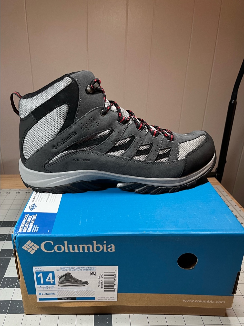 Columbia Men’s Crestwood Mid Waterproof Gray and Red Waterproof Hiking Boot